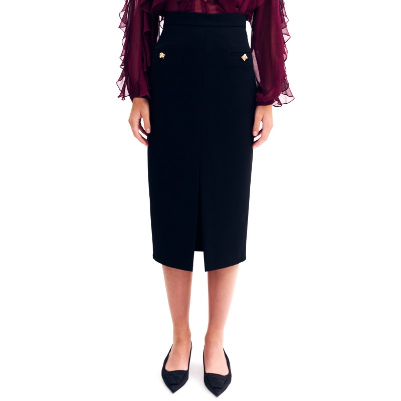 Forel Skirt With Gold Buttons Detail-Black
