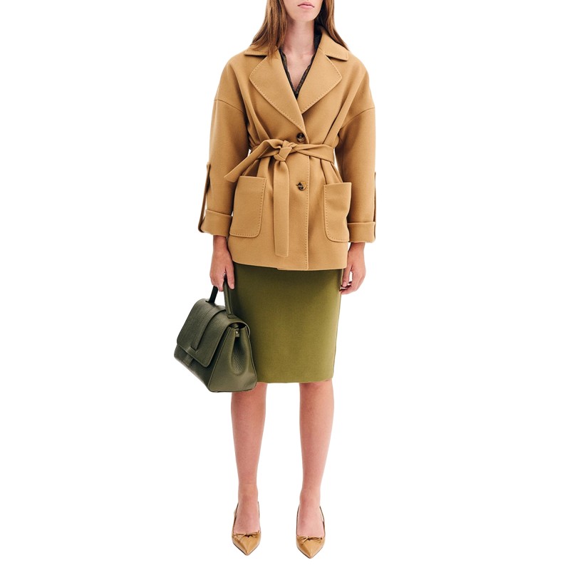Forel Coat Short With Elastic Waist And Belt-Camel Forel Coat Short With Elastic Waist And Belt-Camel