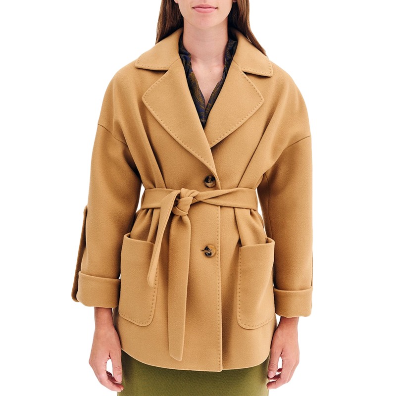Forel Coat Short With Elastic Waist And Belt-Camel Forel Coat Short With Elastic Waist And Belt-Camel