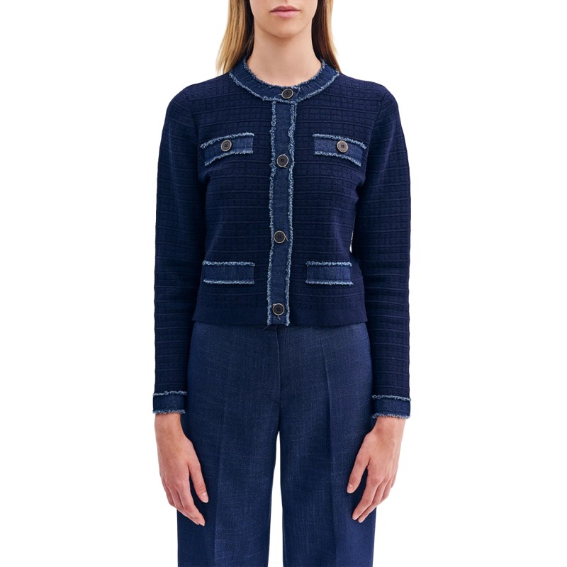 Forel Jacket Cardigan Knitted With Jeans Details-Blue