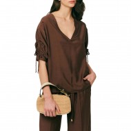 Forel Blouse V Neck Relaxed Fit Linen Texture-Chocolat