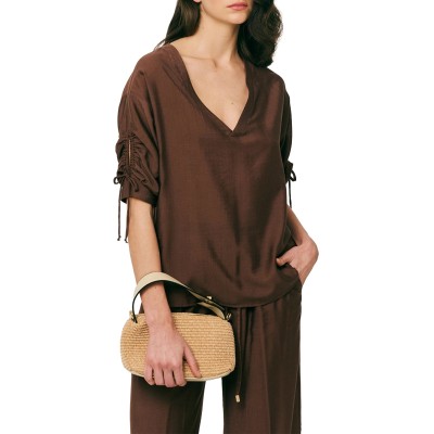 Forel Blouse V Neck Relaxed Fit Linen Texture-Chocolat