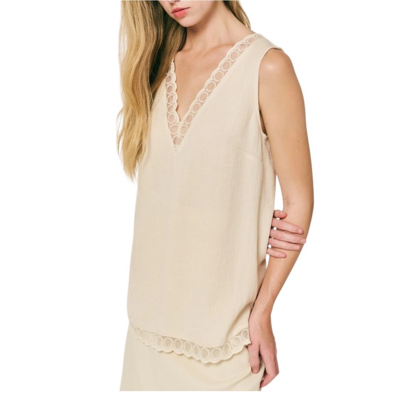 Forel Top Sleeveless Linen Texture And Lace-Vanilla Forel Top Sleeveless Linen Texture And Lace-Vanilla