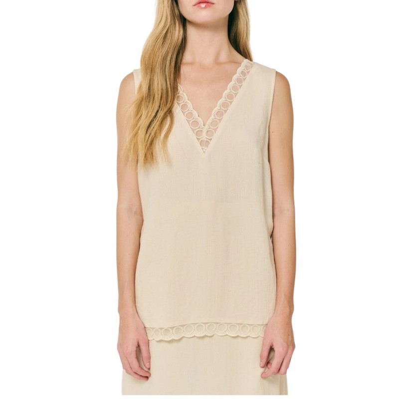 Forel Top Sleeveless Linen Texture And Lace-Vanilla Forel Top Sleeveless Linen Texture And Lace-Vanilla