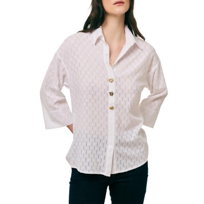 Forel Blouse Shirt Textured With Decorative Buttons 3/4 Length Sleeves-Ecru