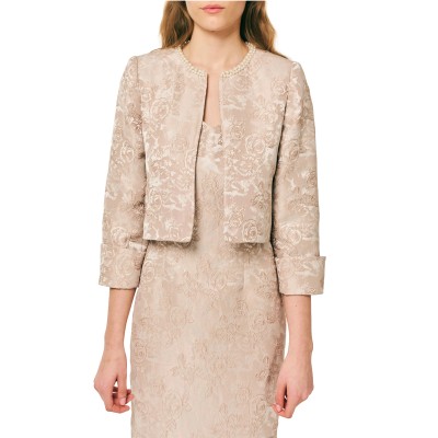 Forel Jacket Bolero Brocade Rose Pattern With Neck Pearls-Ivory
