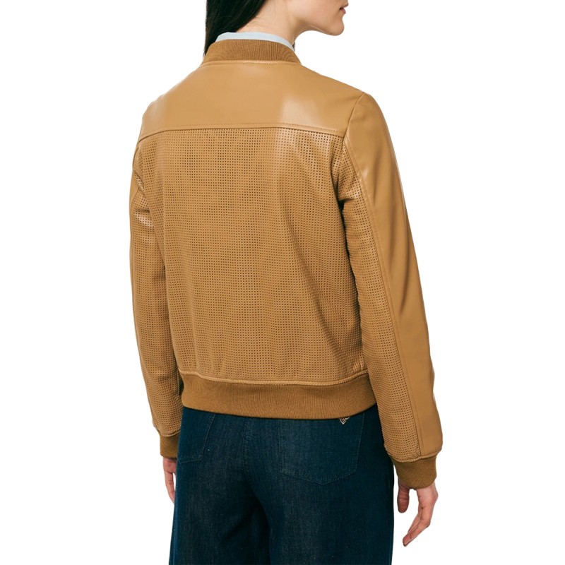 Forel Bomber Jacket Leather Effect Perforated Zip Up-Camel