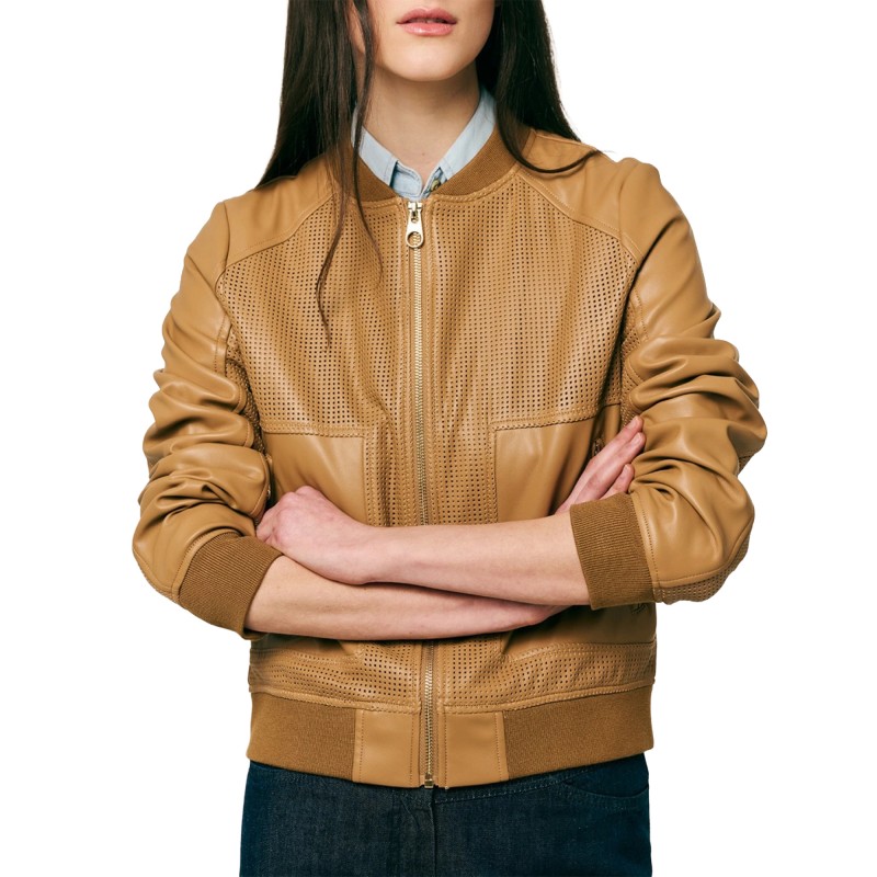 Forel Bomber Jacket Leather Effect Perforated Zip Up-Camel