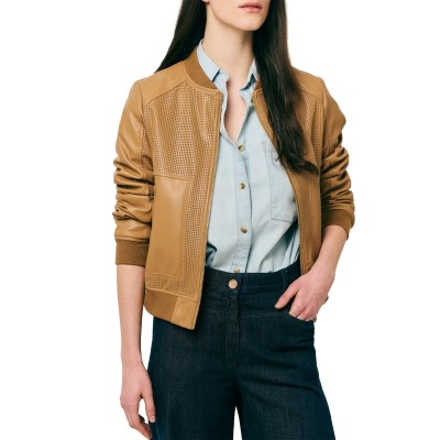 Forel Bomber Jacket Leather Effect Perforated Zip Up-Camel
