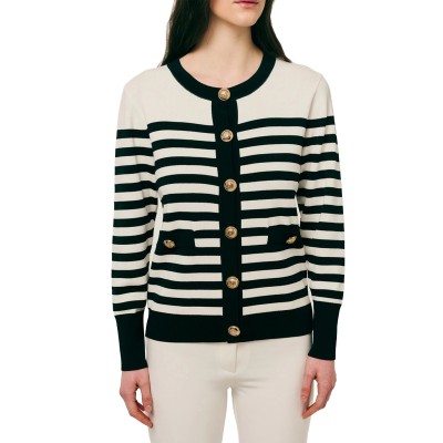 Forel Cardigan Knitted With Gold Buttons-Black/White