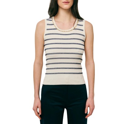 Forel Blouse Knitted Sleeveless With Gold Chain-Ecru/Blue