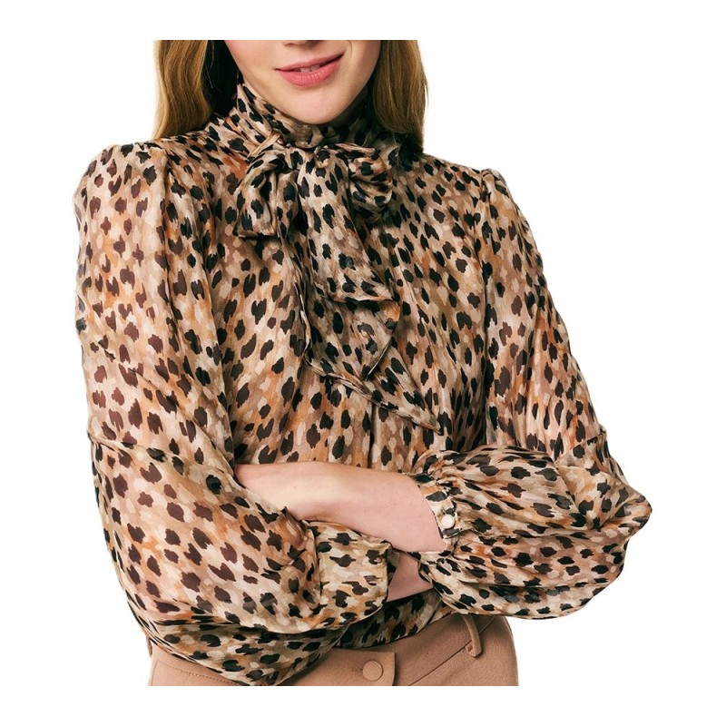 Forel Blouse Leopard Print With Bow Neckline-Camel