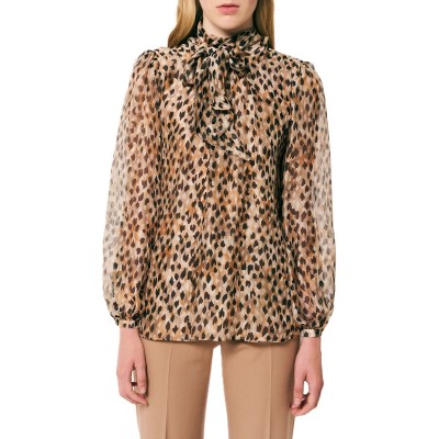 Forel Blouse Leopard Print With Bow Neckline-Camel