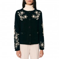 Forel Cardigan Jacket Knitted Embroidery Floral Details-Black