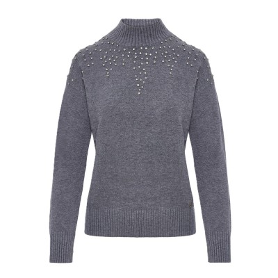 Forel Sweater Mock Neck With Crystals-Grey