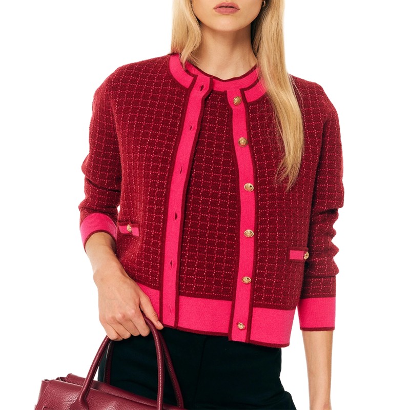 Forel Cardigan Jacket Texture Pattern Pink Borders-Bordeaux Forel Cardigan Jacket Texture Pattern Pink Borders-Bordeaux