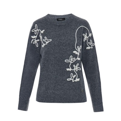 Forel Sweater With Embroidery Floral-Grey