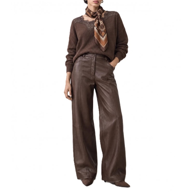 Bill Cost Trousers Leather Wide Leg High Waist-Brown