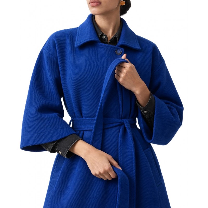 Bill Cost Coat With Belt Three Quarter Sleeve-Blue Bill Cost Coat With Belt Three Quarter Sleeve-Blue