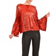 Teem Blouse Sequins Bell Sleeves-Red