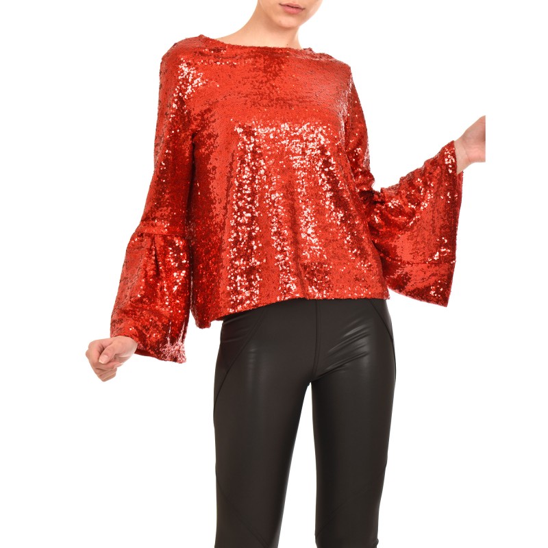 Teem Blouse Sequins Bell Sleeves-Red Teem Blouse Sequins Bell Sleeves-Red