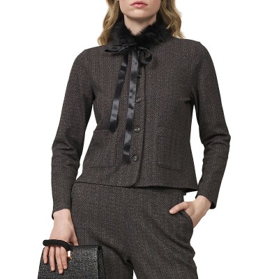 Alexander & Jacob Jacket Faux Fur Collar Herringbone Pattern-Black