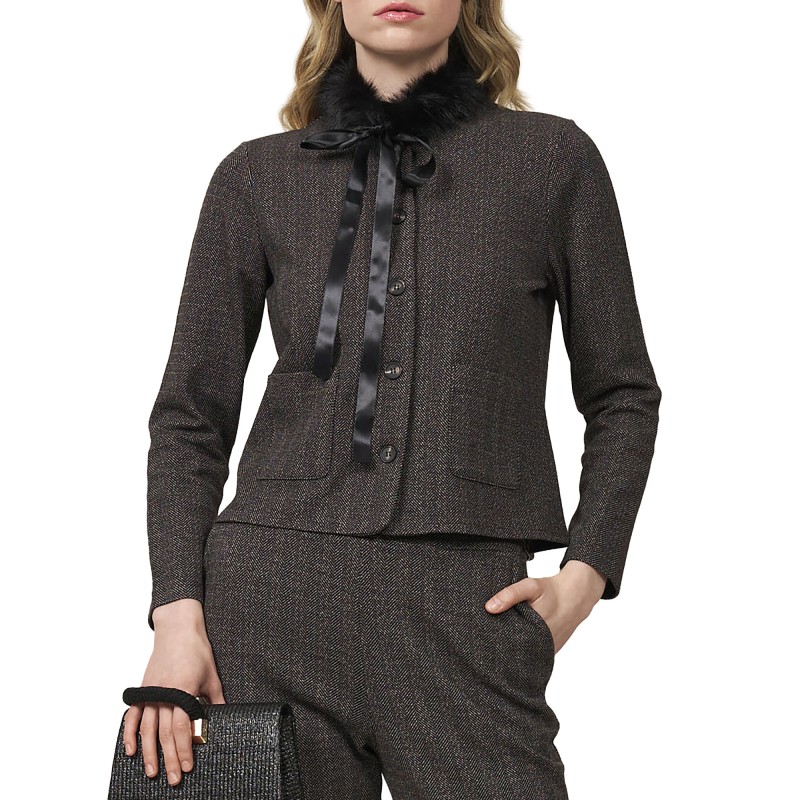 Alexander & Jacob Jacket Faux Fur Collar Herringbone Pattern-Black Alexander & Jacob Jacket Faux Fur Collar Herringbone Pattern-Black