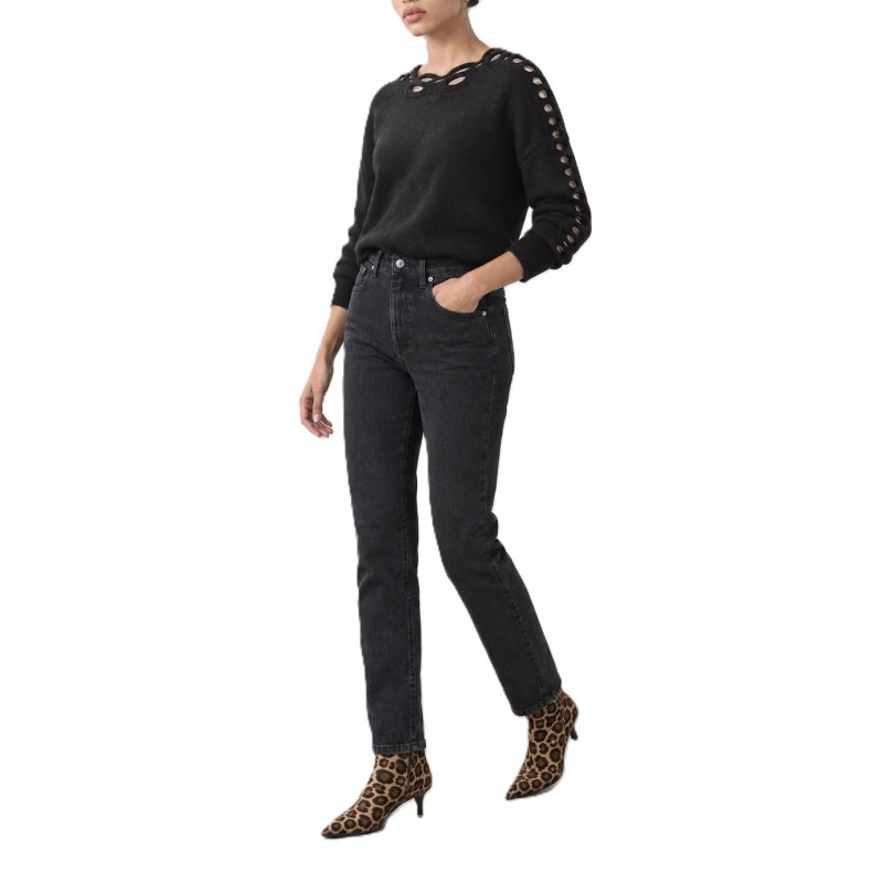 Bill Cost Blouse Knitted With Perforated Details-Black Bill Cost Blouse Knitted With Perforated Details-Black