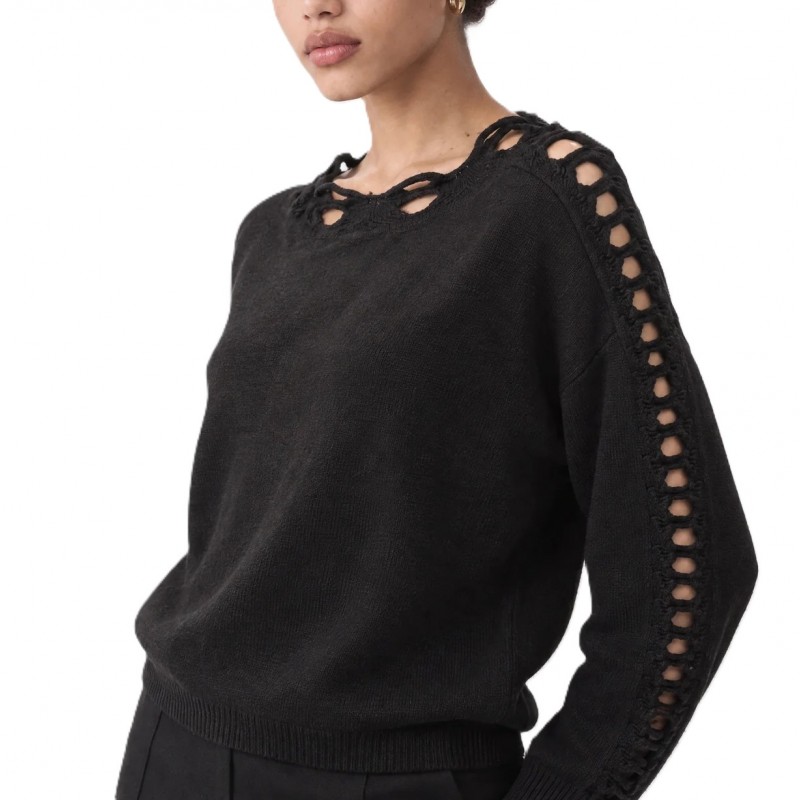 Bill Cost Blouse Knitted With Perforated Details-Black Bill Cost Blouse Knitted With Perforated Details-Black