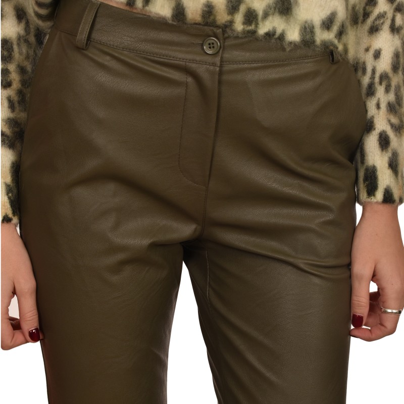 Motel Faux Leather Trousers-Military Khaki