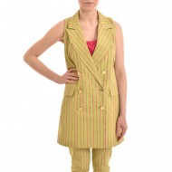 Motel Long Double Breasted Sleeveless Striped Gilet-Green/Fuchsia