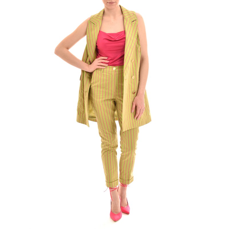 Motel Long Stripped Trousers-Green/Fuchsia