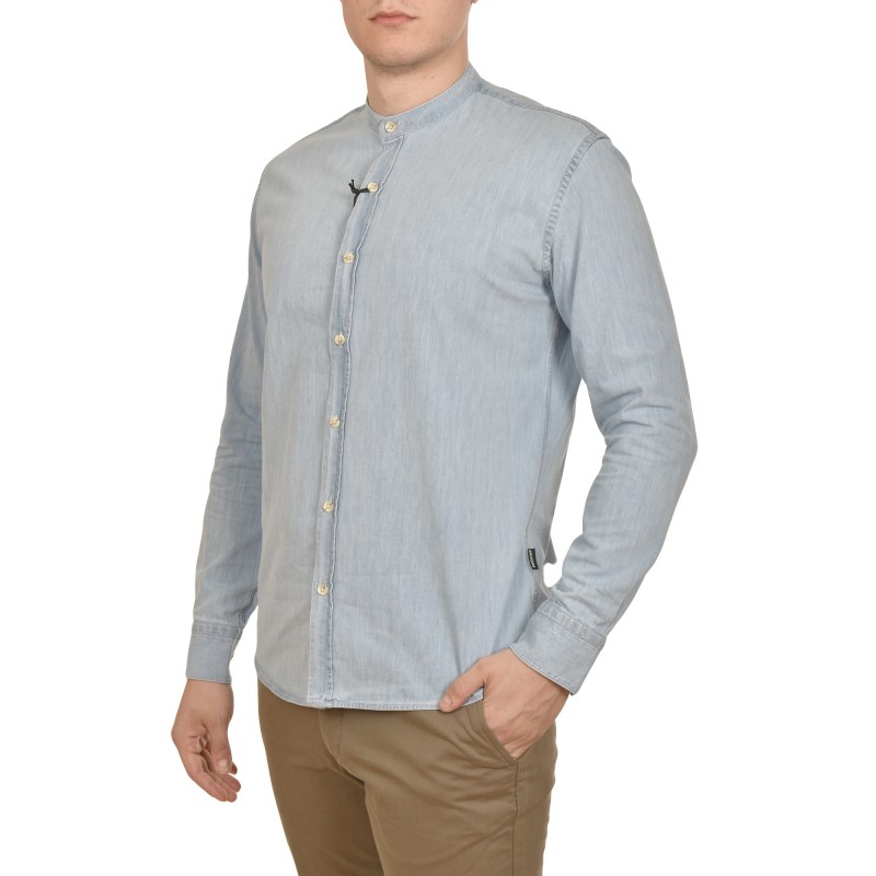 Brokers Mao Collar Distressed Denim Shirt-Sky Blue Brokers Mao Collar Distressed Denim Shirt-Sky Blue