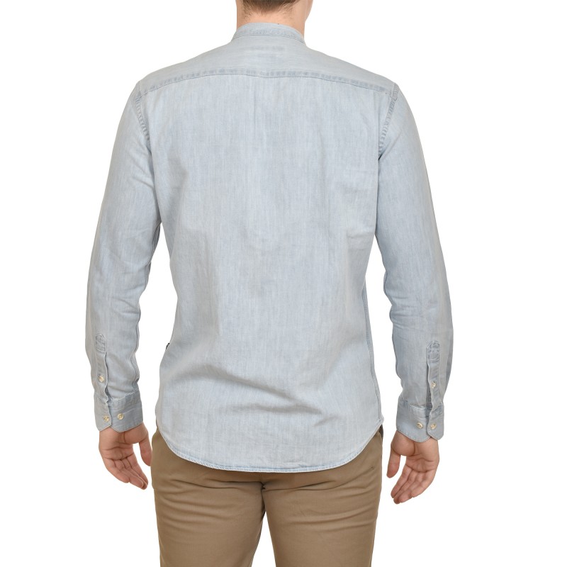 Brokers Mao Collar Distressed Denim Shirt-Sky Blue Brokers Mao Collar Distressed Denim Shirt-Sky Blue