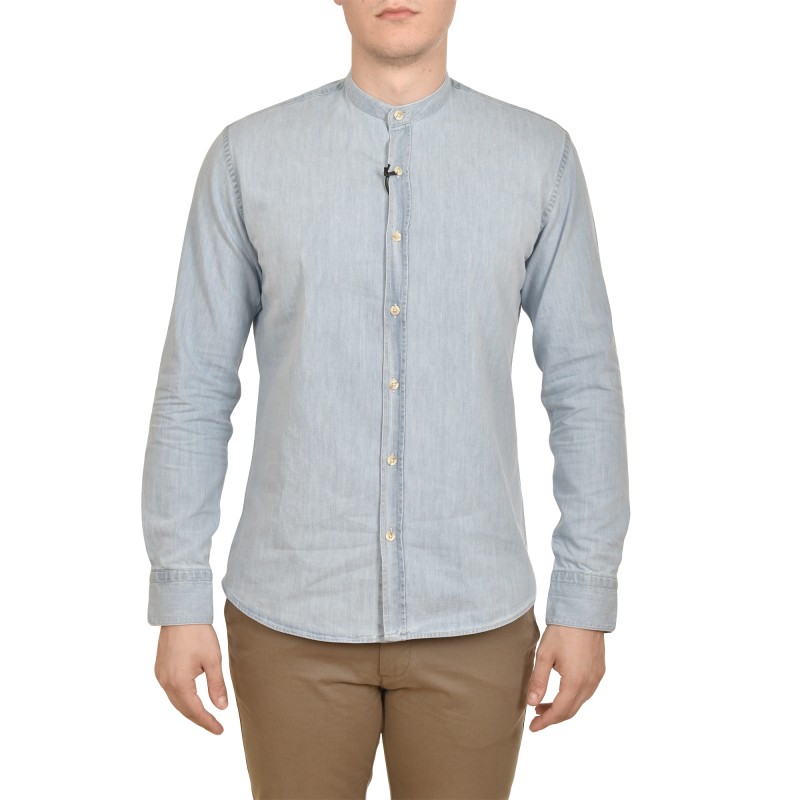 Brokers Mao Collar Distressed Denim Shirt-Sky Blue Brokers Mao Collar Distressed Denim Shirt-Sky Blue