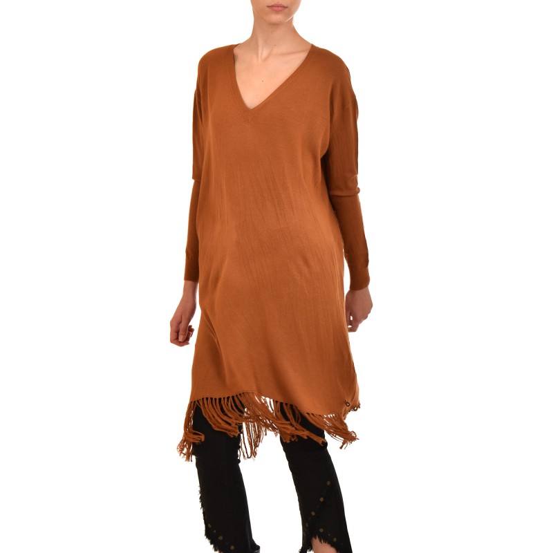 Dixie Knitted Blouse Long V-Neck & Fringes-Tabac Dixie Knitted Blouse Long V-Neck & Fringes-Tabac