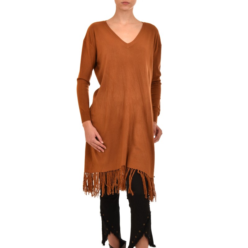 Dixie Knitted Blouse Long V-Neck & Fringes-Tabac Dixie Knitted Blouse Long V-Neck & Fringes-Tabac
