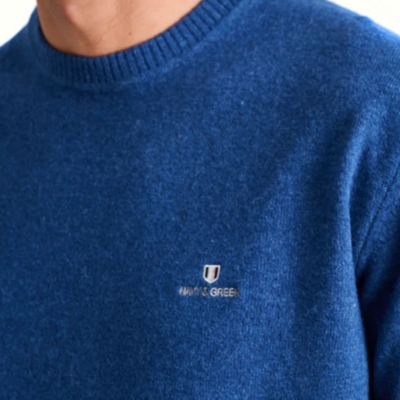 Navy & Green Crewneck Wool Sweater-Cobalt Blue