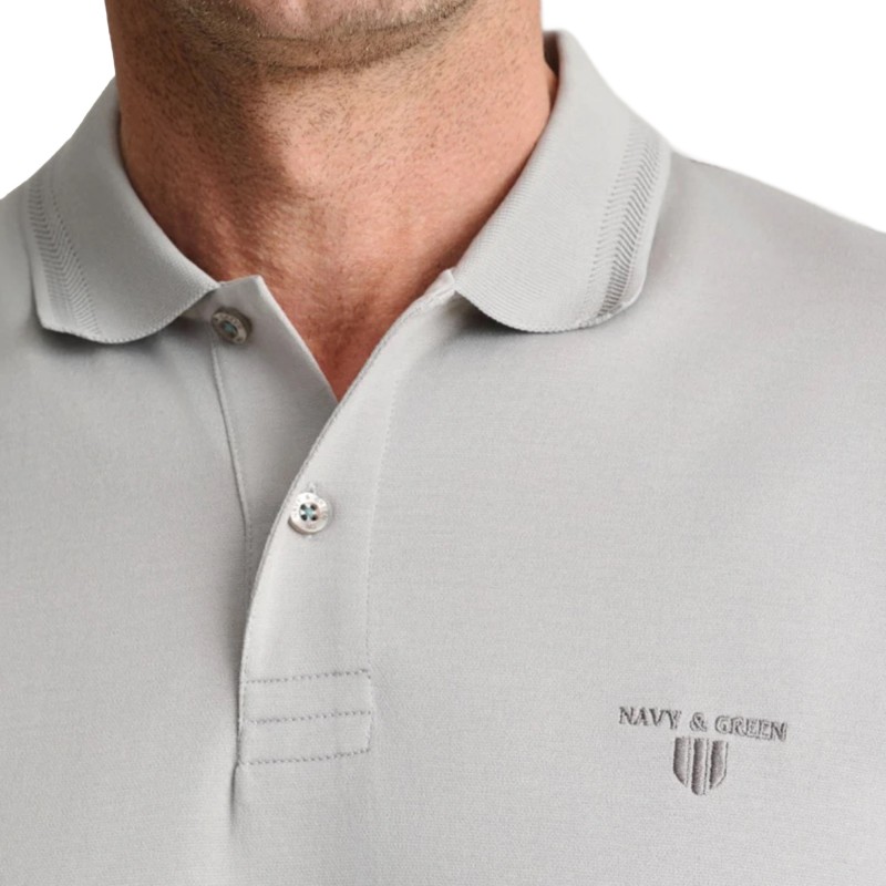 Navy & Green Polo Shirt Custom Fit Mercerised-Grey Stone