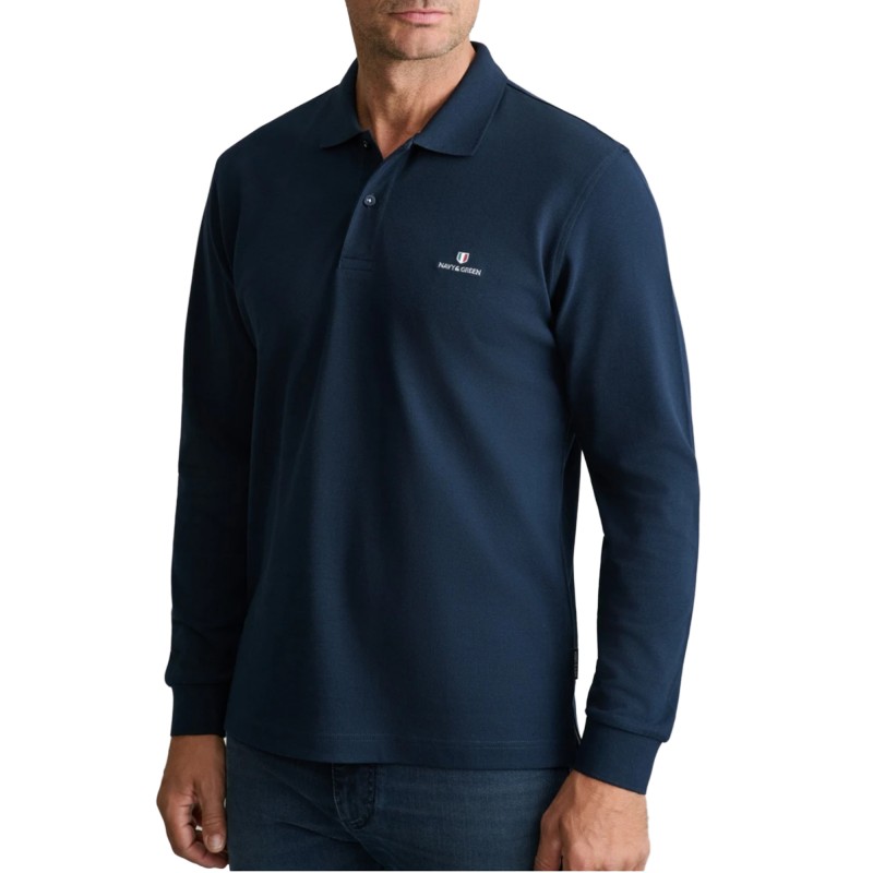 Navy & Green Polo Shirt Long Sleeve Custom Fit-Marine Blue