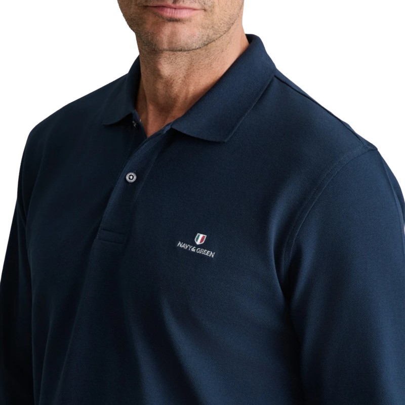 Navy & Green Polo Shirt Long Sleeve Custom Fit-Marine Blue