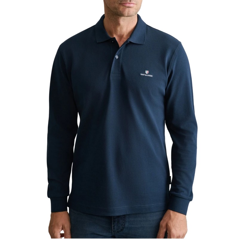 Navy & Green Polo Shirt Long Sleeve Custom Fit-Marine Blue