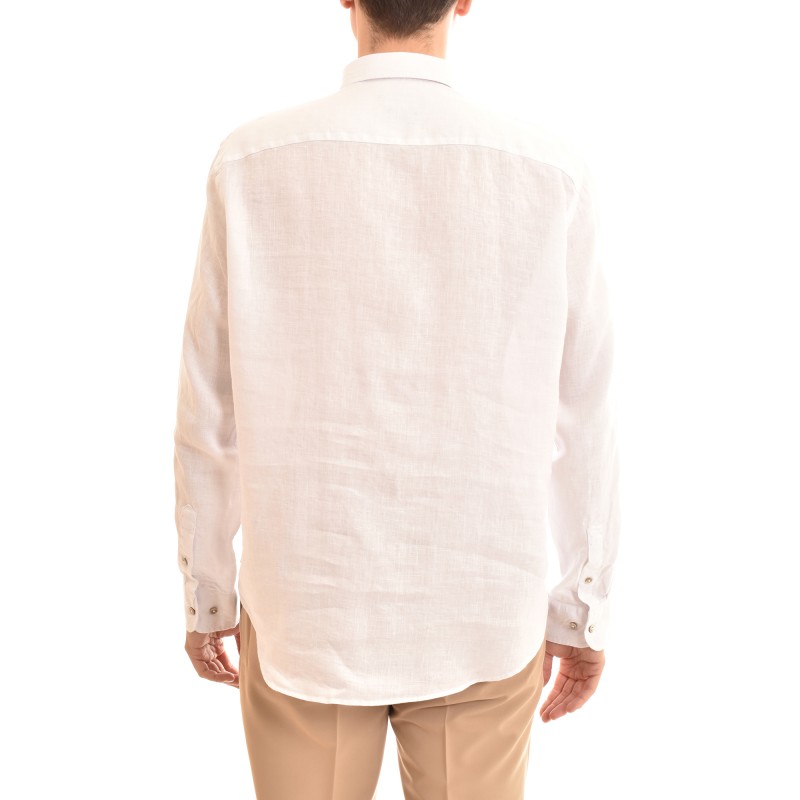 Navy & Green White Pure Linen Comfort Fit Shirt-White Navy & Green White Pure Linen Comfort Fit Shirt-White
