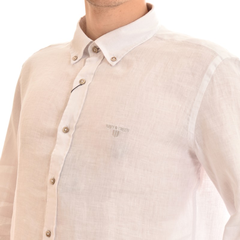 Navy & Green White Pure Linen Comfort Fit Shirt-White Navy & Green White Pure Linen Comfort Fit Shirt-White