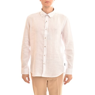 Navy & Green White Pure Linen Comfort Fit Shirt-White