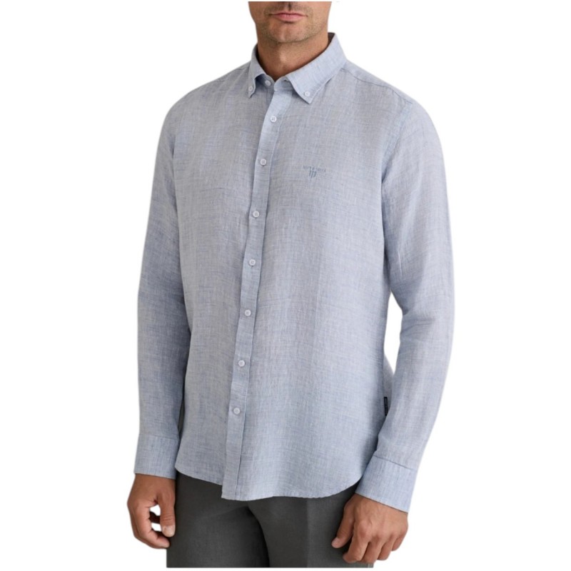 Navy & Green Shirt Linen Comfort Fit-Smoky Blue