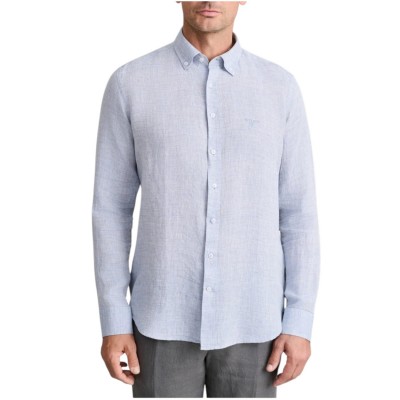Navy & Green Shirt Linen Comfort Fit-Smoky Blue