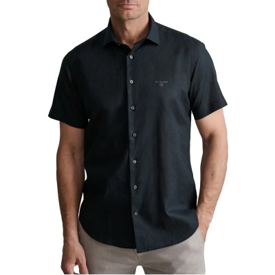 Navy & Green Shirt Comfort Fit Short Sleeve Cotton Linen-Midnight Black