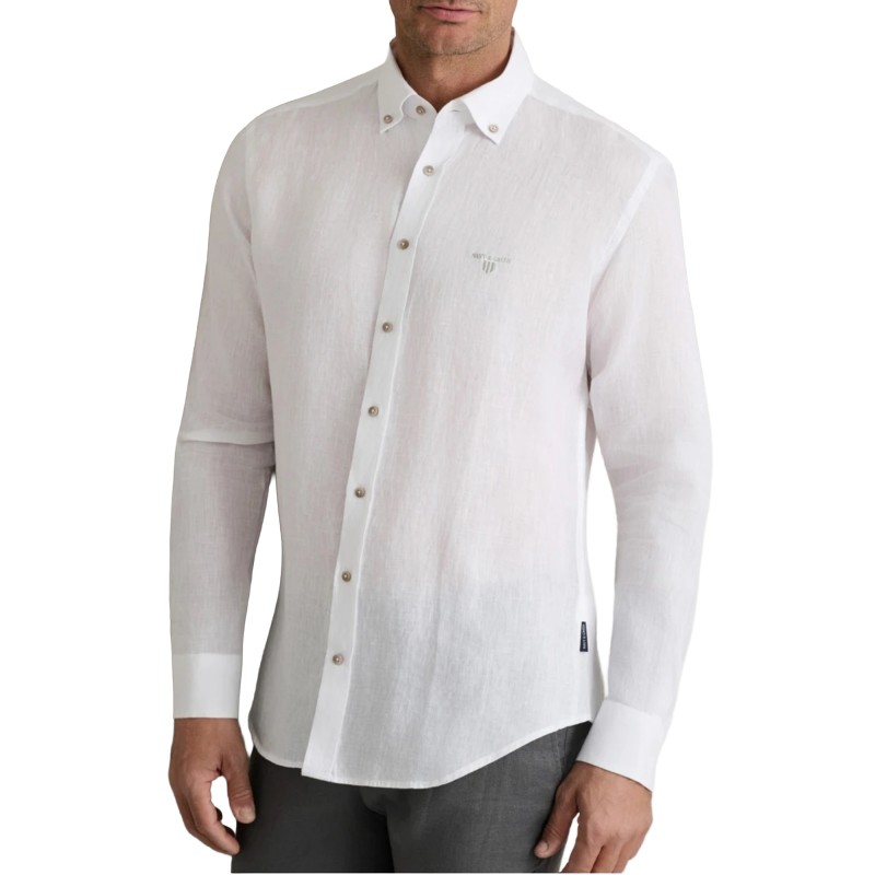 Navy & Green Shirt Comfort Fit Pure Linen-White