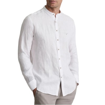 Navy & Green Shirt Mao Comfort Fit Pure Linen-White
